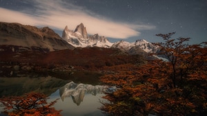 Nature, Mountains, Snow, Trees, Lake, Stars, 4K wallpaper