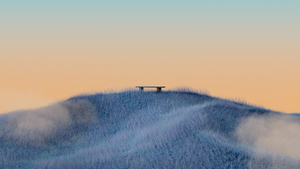 Minimalist, Landscape, Grass field, Bench, Serene, Dawn, Orange sky, 4K wallpaper