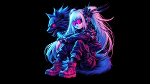 Arist, Artwork, Art, Digital Art, Neon, Wolf, Anime Girl, Anime, Artist, Deviantart, 4K wallpaper
