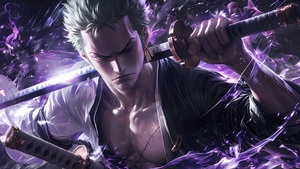 Roronoa Zoro, Purple aesthetic, AI art, One Piece, 4K wallpaper
