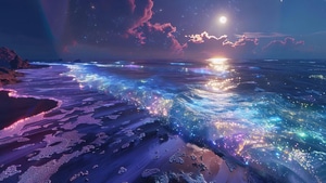 Reflection, Sea, Clouds, Moon, Artist, Artwork, Digital Art, 4K wallpaper