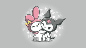 Hug, Kawaii cartoon, Friends, Friendship, My Melody, Kuromi, Grey background, Sanrio, 4K wallpaper