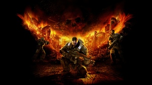 Gears of War, Game Art, Marcus Fenix, Dark background, Fire effect, 4K wallpaper