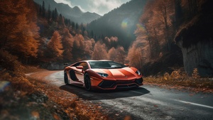 Lamborghini Aventador, Autumn background, Roadway, Orange aesthetic, Autumn Scenery, AI art, 4K wallpaper
