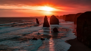Sunset, Evening, Silhouette, Seashore, Nature, 4K wallpaper
