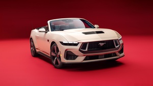 Ford Mustang GT Convertible, Anniversary Edition, 2025, Red background, 4K wallpaper