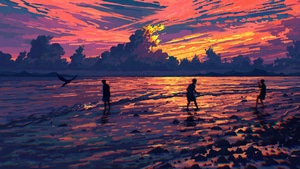 Friends, Sunset, Relaxing, Artist, Artwork, Digital Art, Pixiv, 4K wallpaper
