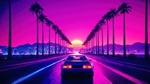 Retrowave, Synthwave, Artist, Artwork, Digital Art, Pixiv, 4K wallpaper