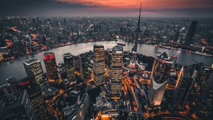 Shanghai City, Illuminated, Skyline, Aerial view, China, Skyscrapers, Urban, Metropolitan, 4K wallpaper