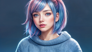 Asian, Cute Girl, Blue eyes, Blue hair, AI art, 4K wallpaper