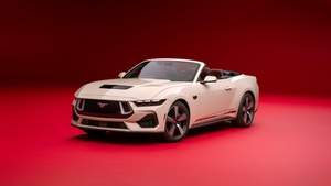 Ford Mustang GT Convertible, Anniversary Edition, 2025, Red background, 4K wallpaper