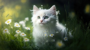 White fur, Kitten, Daisy flowers, Green Grass, White aesthetic, AI art, 4K wallpaper
