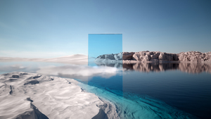 Blue aesthetic, Landscape, Geometric, Surreal, Modern, Lake, Mountain, Reflection, 4K wallpaper