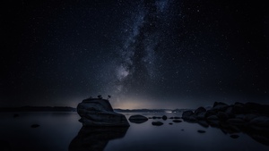 Milky Way, Night, Lake Tahoe, Astrophotography, Night sky, Starry sky, Long exposure, Reflections, Galaxy, Dark Sky, Rock formations, Cosmos, Nightscape, Nevada, 4K wallpaper