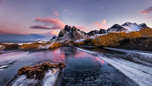 Vestrahorn mountain, Aesthetic, Outdoor, Iceland, Sunset, Dusk, Coastline, Serene, Stokksnes, Black sand beach, 4K wallpaper