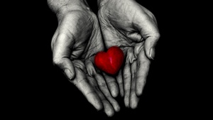 Red heart, Holding hands, Love heart, Black background, AMOLED, 4K wallpaper