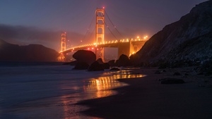 Golden Gate Bridge, Illuminated, Night, Reflection, Baker Beach, San Francisco, California, 4K wallpaper