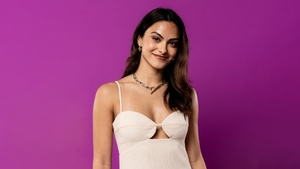 Camila Mendes, Purple background, Portrait, 4K wallpaper