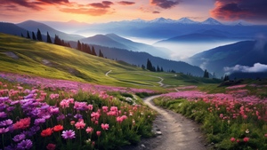 Mountain Landscape, Meadow, Wildflowers, AI art, Scenic, Pathway, Sunset, Rolling hills, Misty mountains, Vibrant, Peaceful, Valley, Outdoor, 4K wallpaper