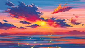 Painting, Ocean, Birds, Artist, Artwork, Digital Art, 4K wallpaper