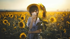 Anime Girl, Anime, Sunflowers, Artist, Artwork, Digital Art, Pixiv, 4K wallpaper
