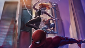Spiderman, Miles Morales, Gwen Stacy, Spider Man Across The Spider Verse, Digital Art, Superheroes, Artwork, 4K wallpaper