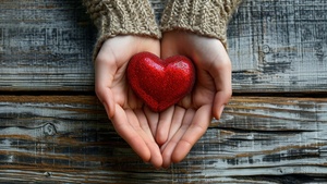 Love heart, Holding hands, Wooden background, Valentine, 4K wallpaper