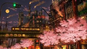 Cherry, Flowers, Pink, Train, Trees, Street, Japan, Artist, Artwork, Digital Art, 4K wallpaper