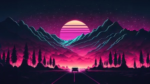 Highway, Outrun, AI art, Neon, Retrowave, Synthwave, Sunset, Mountains, 4K wallpaper
