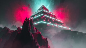Alien, Pyramid Structure, Neon background, Mountains, 4K wallpaper