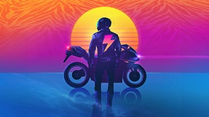 Biker, Outrun, Synthwave, Vibrant, Sunset, Cyberpunk, Neon art, 4K wallpaper