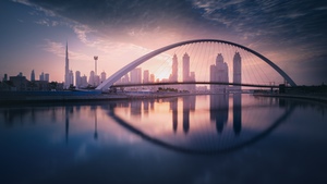 Dubai, Modern architecture, Dubai City Skyline, United Arab Emirates, Urban, Sunset, Cityscape, Waterfront, Symmetry, Iconic, Skyscrapers, 4K wallpaper