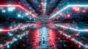 Alien, Spaceship, Science fiction, Neon, Digital Art, 4K wallpaper