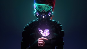 Apocalypse, Butterfly, Cyberpunk girl, Futuristic, Gas mask, Aesthetic, Neon, 4K wallpaper