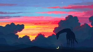 Giraffe, Moon, Artist, Artwork, Digital Art, Pixiv, 4K wallpaper