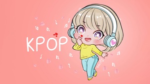 K-pop, Chibi, Finger heart, Cute Girl, Listening music, Dancing, Pastel orange, Pastel background, Red hearts, Girly backgrounds, 4K wallpaper