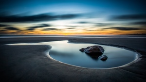 Beach, Sunset, Seascape, Long exposure, Reflection, Clouds, Coastal, Tranquility, Serene, Landscape, Ocean, Horizon, Golden hour, Smooth, 4K wallpaper