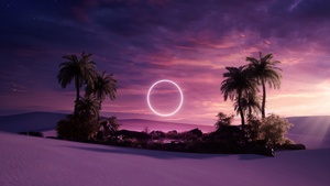 Surreal, Aesthetic, Sunset, Palm trees, Desert, Stars in sky, 4K wallpaper