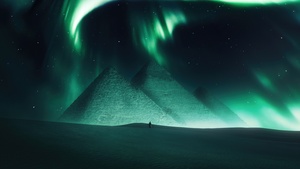 Egyptian Pyramids, Aurora sky, Dreamy, Northern Lights, Surreal, Desert, Dunes, 4K wallpaper