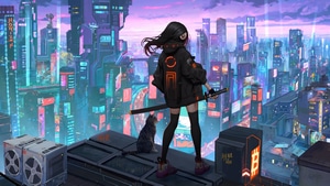 Anime Girl, Anime, Sword, Scifi, Warrior, Cat, City, Buildings, Artist, Artwork, Digital Art, 4K wallpaper