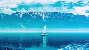 Sailing boat, Mountains, Ocean, Blue aesthetic, Ocean blue, 4K wallpaper