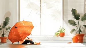 March, Spring, Girl, Window, Umbrella, Orange aesthetic, Sunlight, Illustration, 4K wallpaper