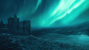 Castle, Aurora Borealis, Ocean, Night sky, Aurora sky, Creative, 4K wallpaper