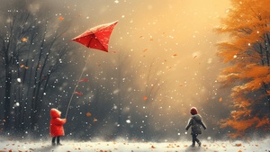 Playing kids, Surreal, Kite, Winter, Snowfall, Fall, 4K wallpaper