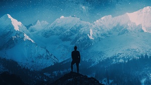 Milky Way, Mountains, Person Silhouette, Winter, Night sky, Stars in sky, 4K wallpaper