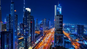 Dubai, Sheikh Zayed Road, Skyscrapers, City lights, Urban, Nightscape, Night City, Modern architecture, Downtown Dubai, High rise building, Dubai City Skyline, Long exposure, Night illumination, Night time, 4K wallpaper