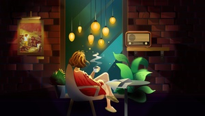 Teen girl, Coffee, Lonely, Brick wall, Painting, Illustration, Ambient lighting, 4K wallpaper