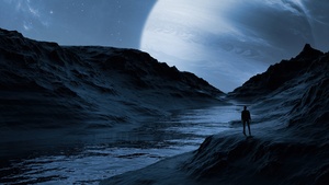 Man, Planet, River, Silhouette, Dreamlike, Digital composition, 4K wallpaper