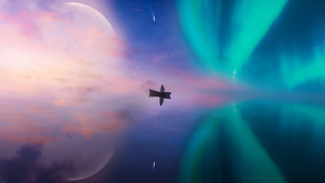 Dreamlike, Serenity, Girl, Boat, Horizon, Northern Lights, Aurora Borealis, Aurora sky, Reflections, 4K wallpaper