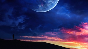 Dune, Silhouette, Sunset, Man, Planet, Dreamy, Cloudy Sky, 4K wallpaper